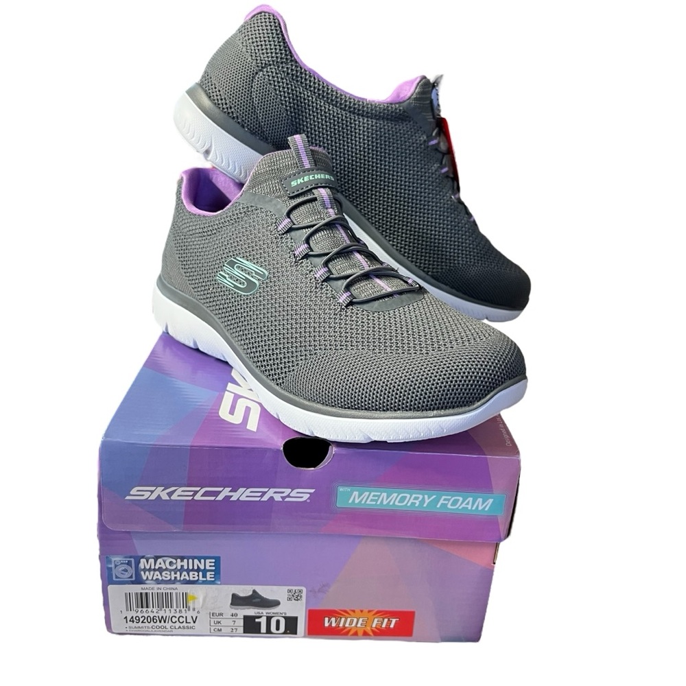 Skechers NIB Women’s Gray and Purple Sneakers Lightweight Athletic Design Sz 10